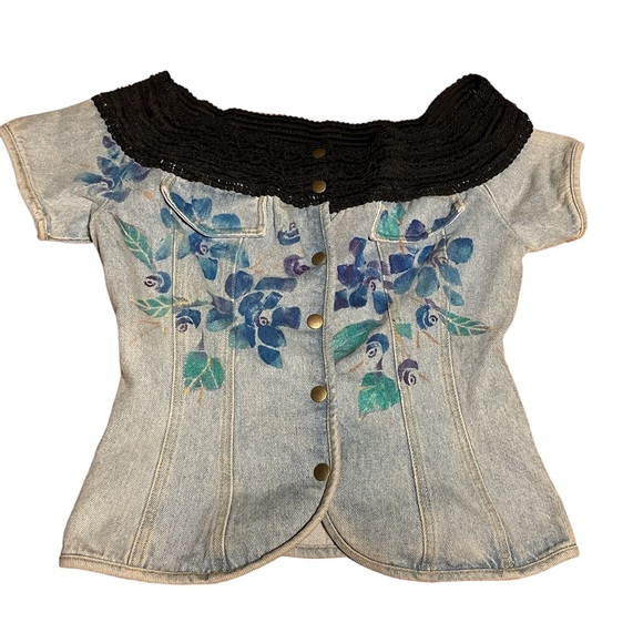 Vintage Denim Handmade Corset Style Repurposed Jeans Top Hand Painted in 80s - Picture 8 of 15